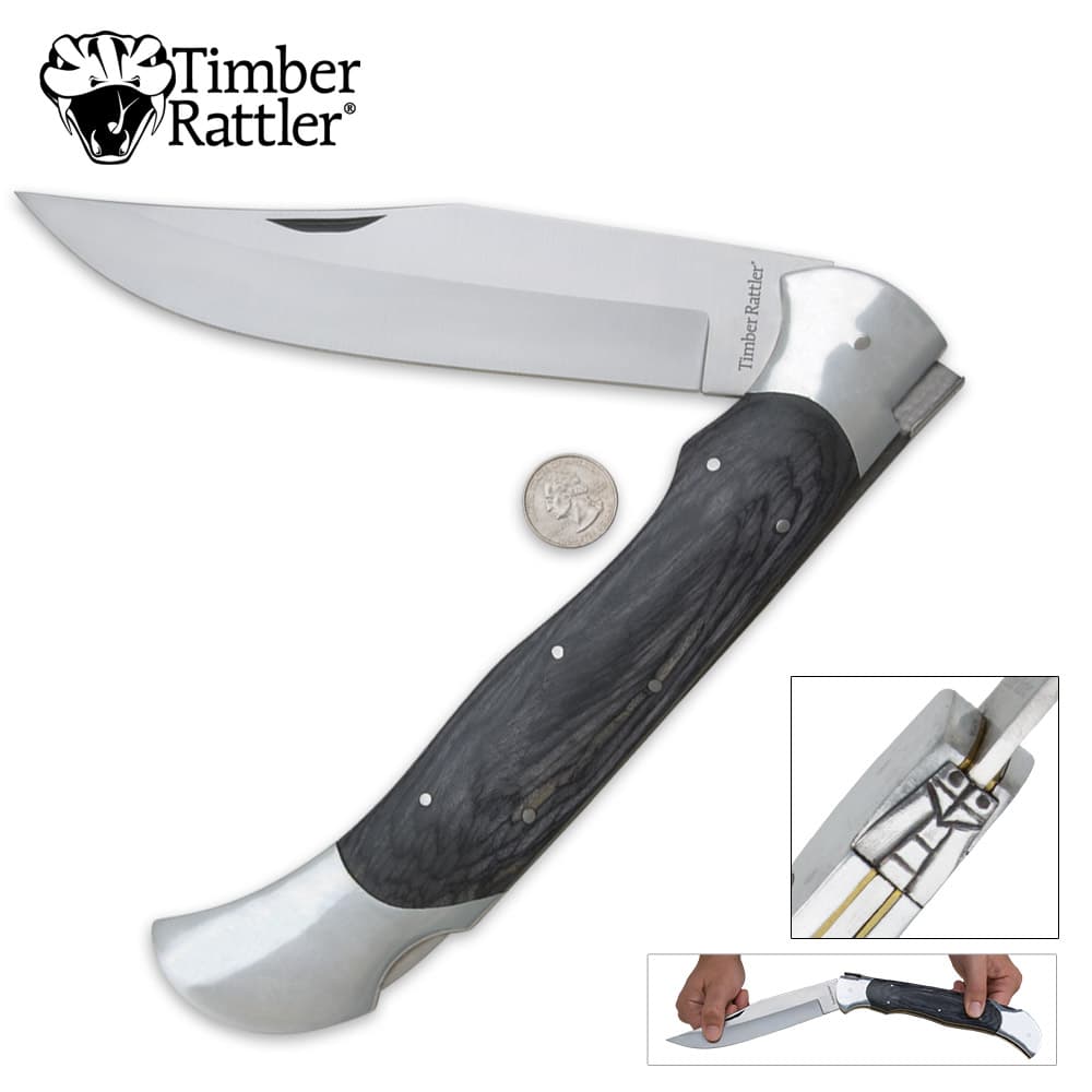 Timber Rattler Scarab Back Giant Lockback Pocket Knife - 8" Stainless Steel Blade, Genuine Pakkawood Scales - 17 3/4" Length image number 0