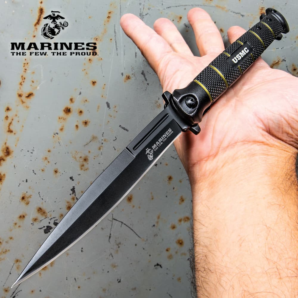 USMC Colossal Blackout Stiletto - Large Assisted Opening Pocket Knife - Officially Licensed image number 0