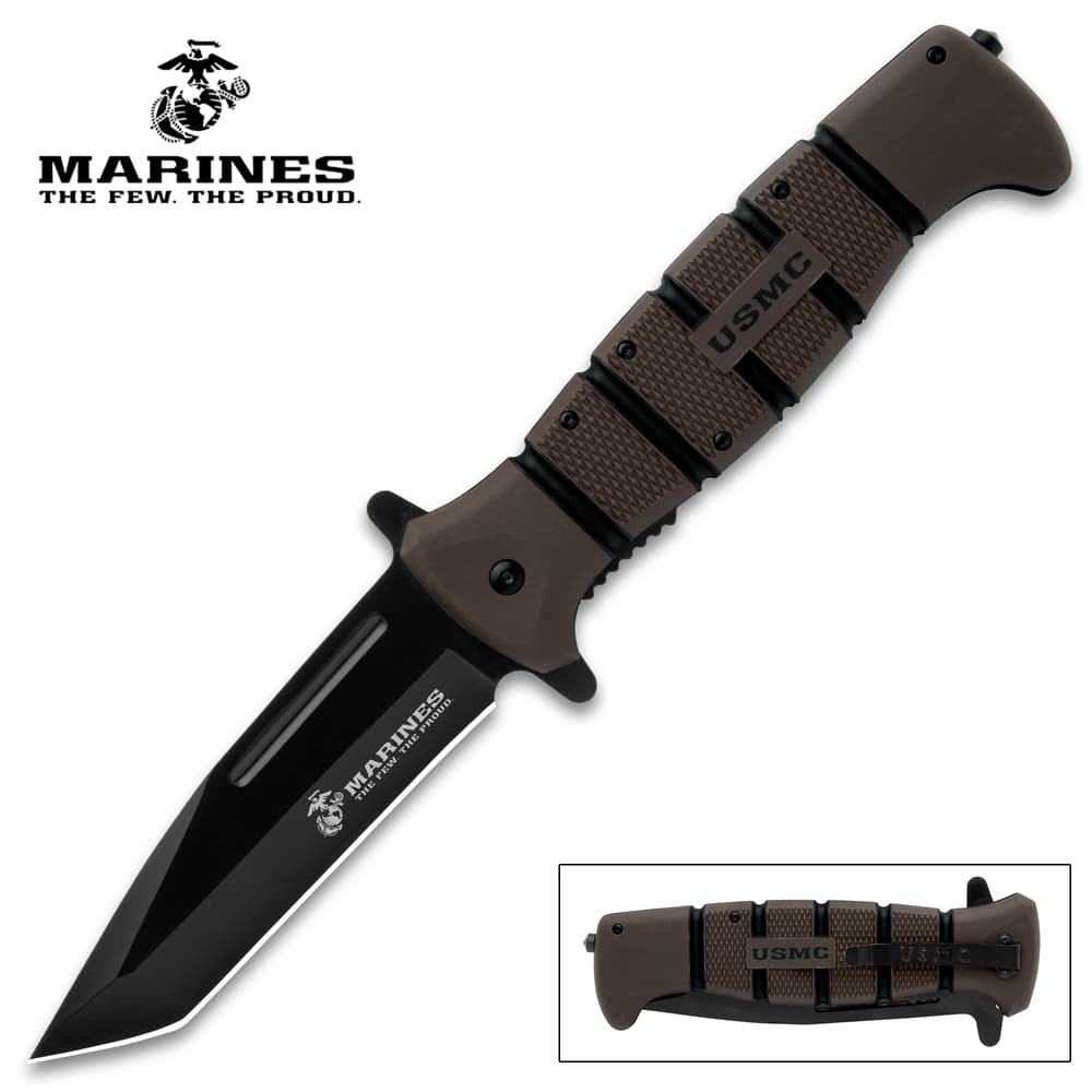 The USMC Tanto Maximum Pocket Knife with TPR handle and black 3Cr13 stainless steel blade shown both opened and closed. image number 0