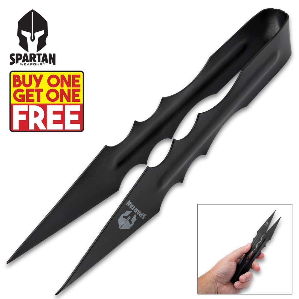 “Buy One, Get One” text next to the Gladiator Tweezers made of one-piece black stainless steel. image number 0