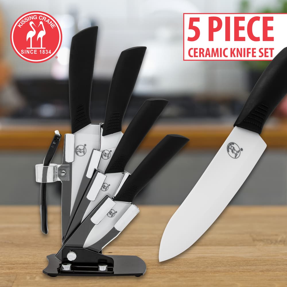 “5 Piece Ceramic Knife Set” red text shown next to an image of a black knife block with black handled knives. image number 0