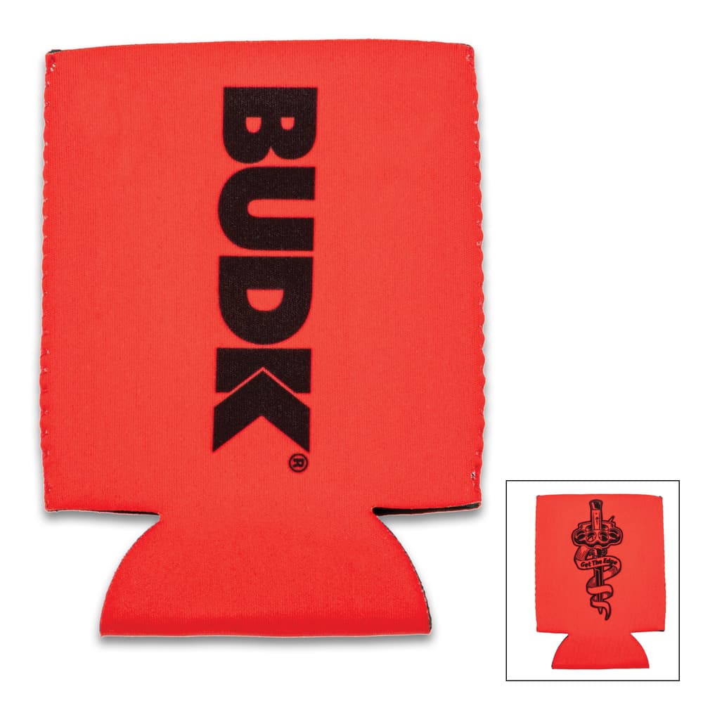 This image shows the front of the BudK Can Koozie with the BudK logo, as well as the back in the bottom right corner. image number 0