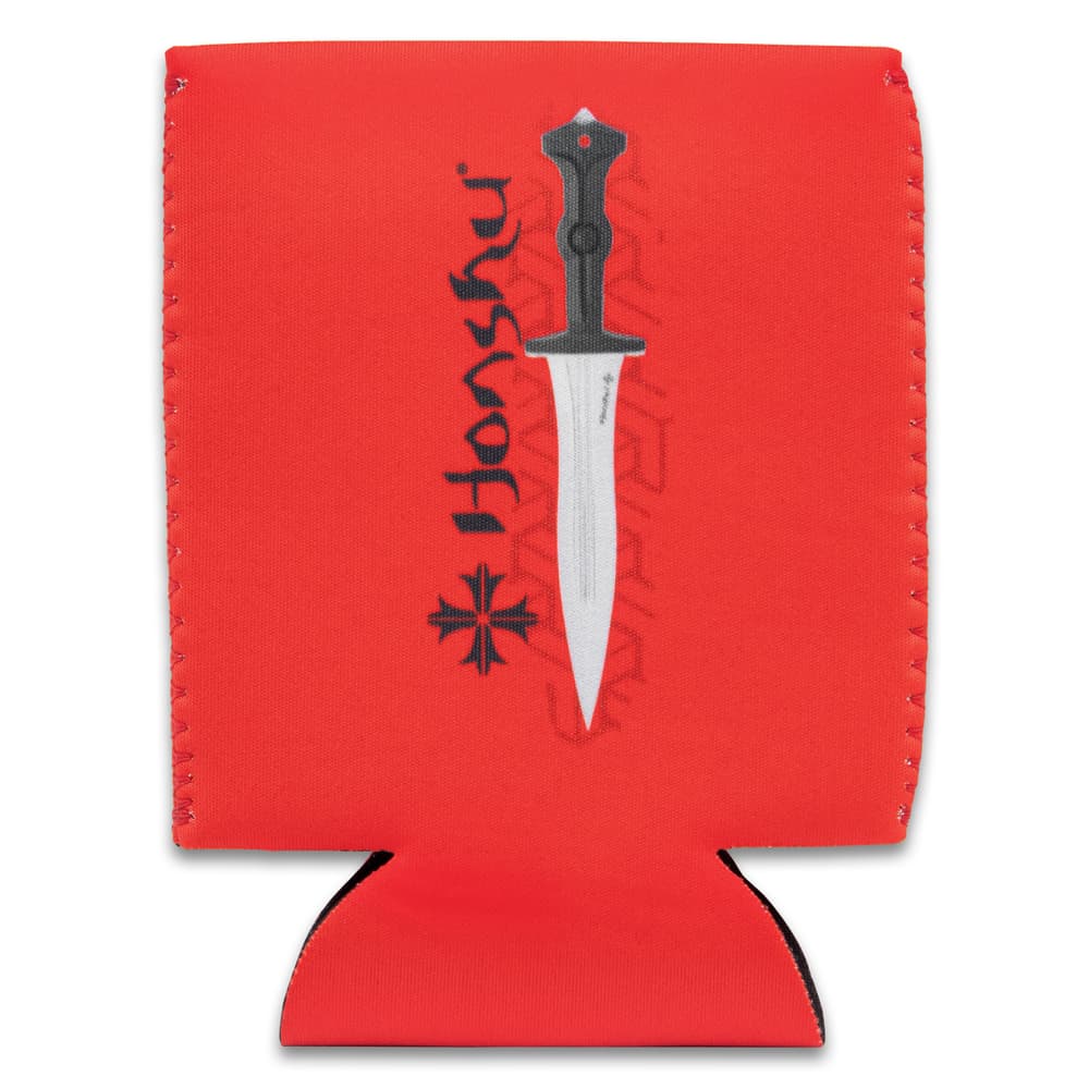 A red koozie is shown printed with black “HONSHU” logo and image of a dagger with black handle. image number 0