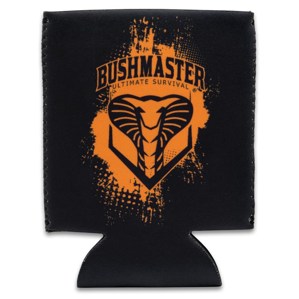 A black koozie is shown printed with an orange paint splatter effect on the Bushmaster logo, which features a snake head image. image number 0