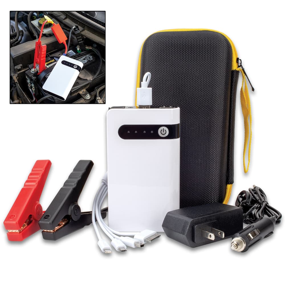 Portable Car Battery Jumper And Power Bank With Case - 8,000 MAH, Battery Clamps, Home And Car Adaptor, USB Multi-Head Cable image number 0