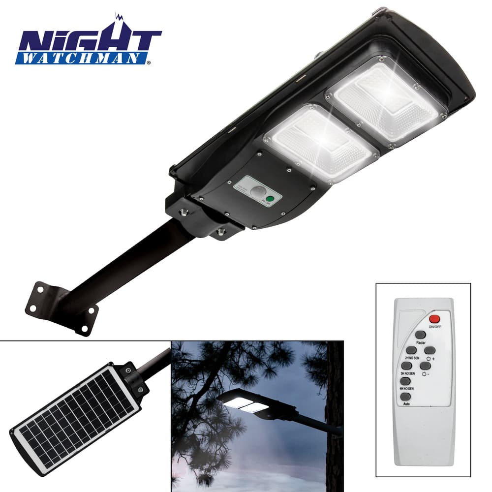 The Night Watchman Solar Street Light shown win remote and in use image number 0