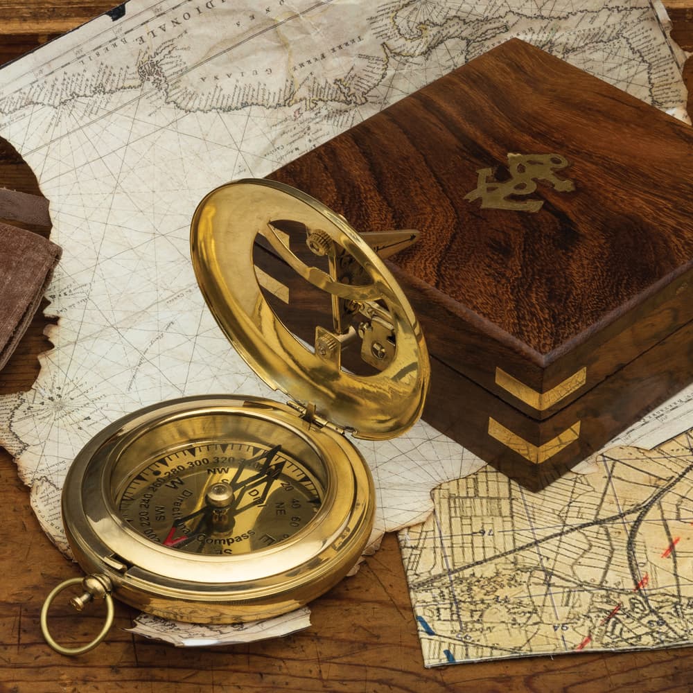 The Brass Sundial Compass shown with its wooden box image number 0