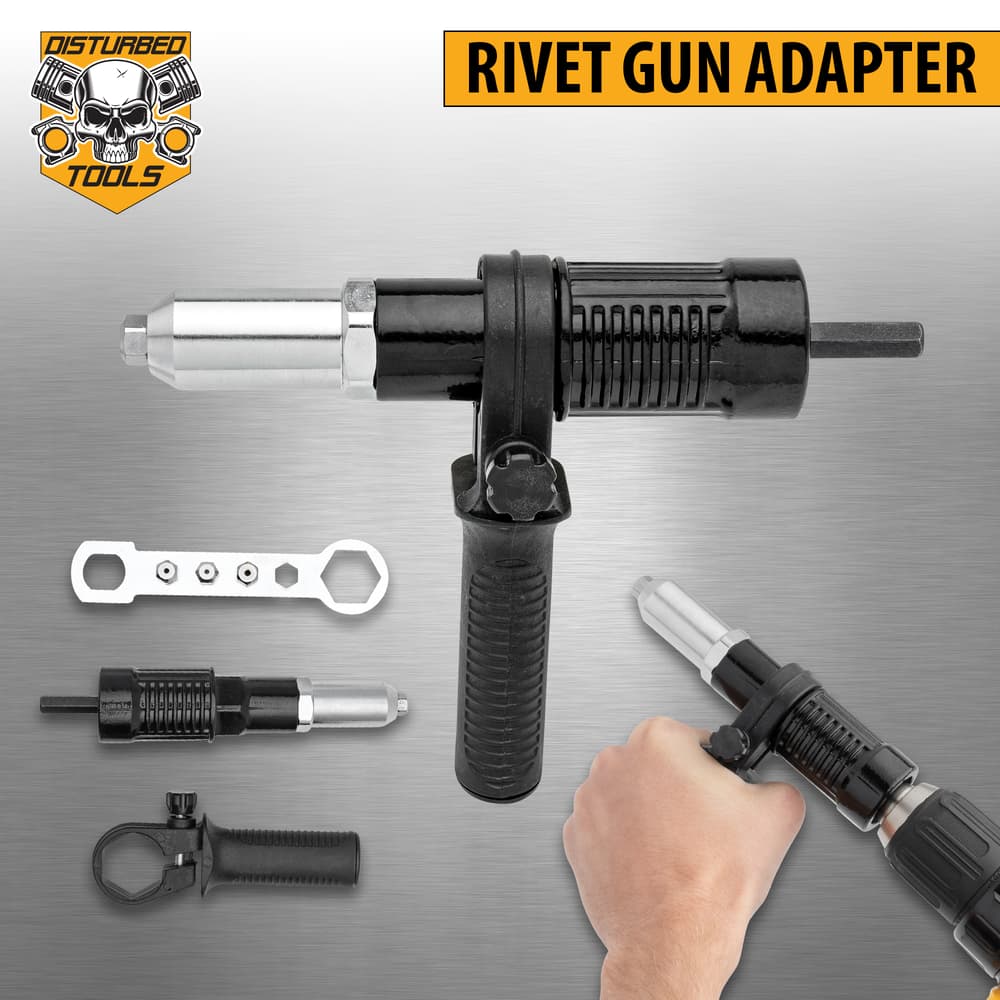 The Disturbed Tools Rivet Gun Adapter shown with its accessories image number 0