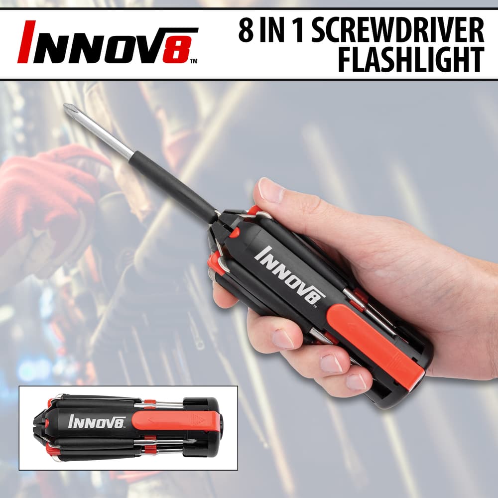 A hand is shown holding the Innov8 8-In-1 Screwdriver Flashlight with and without an attached screwdriver. image number 0