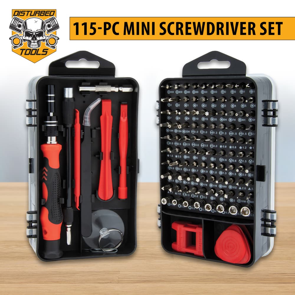 The contents of the Disturbed Tools 115-Piece Mini Screwdriver Set in its case image number 0