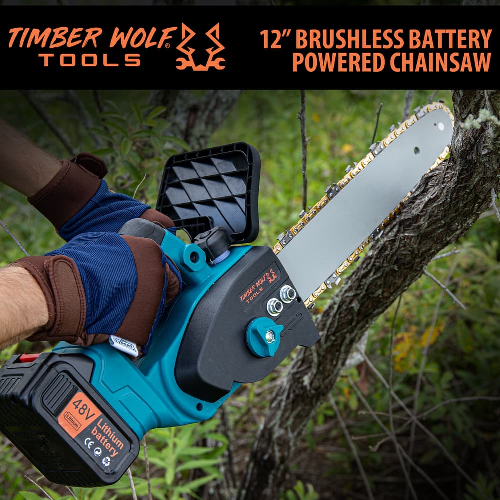The Timber Wolf Tools Brushless Electric Chainsaw shown in use image number 0