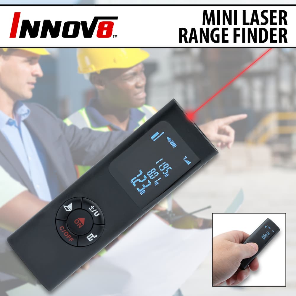 Full image of Innov8 Mini Laser Range Finder with laser and screen turned on. image number 0