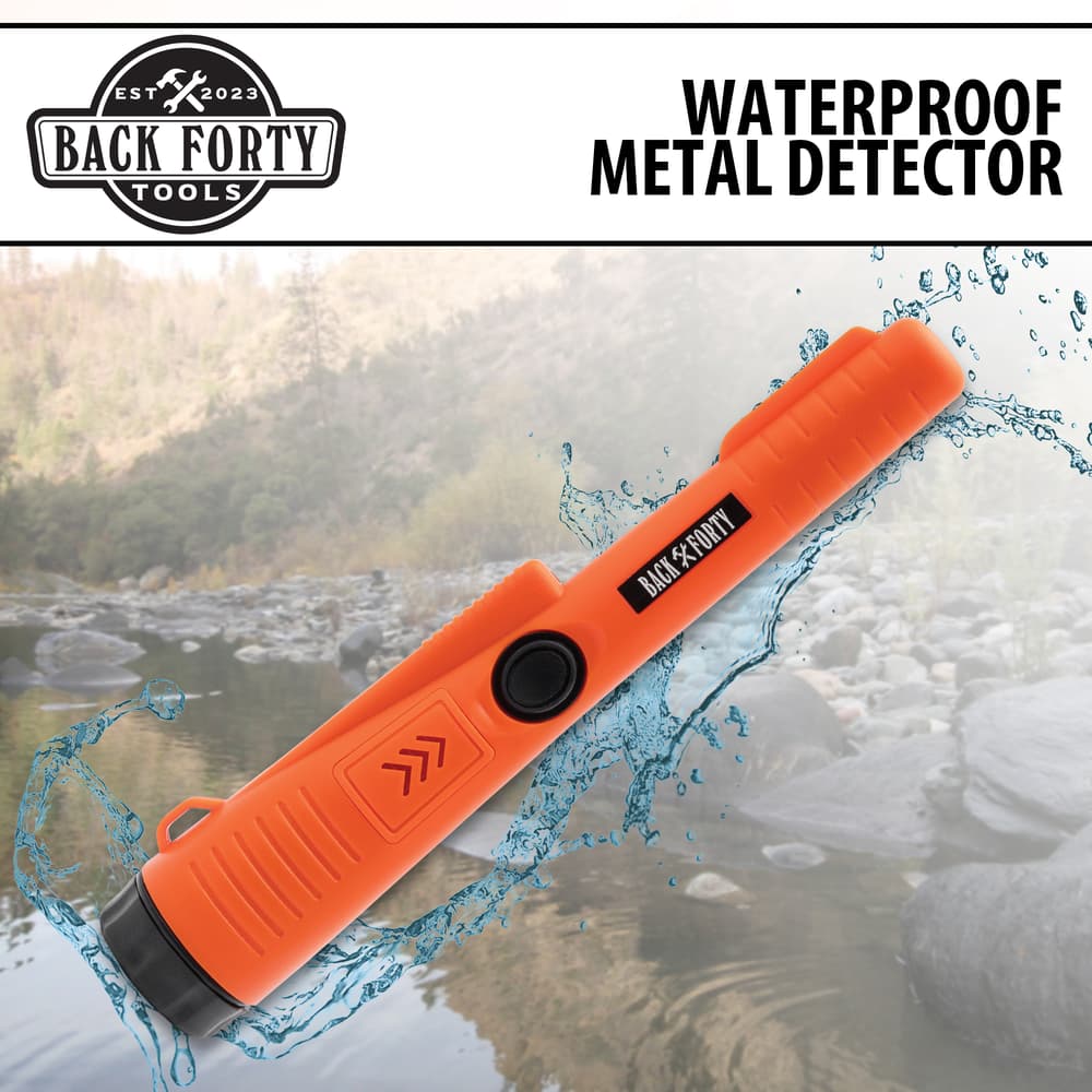 Full image of the Back Forty Waterproof Metal Detector shown against a water landscape. image number 0