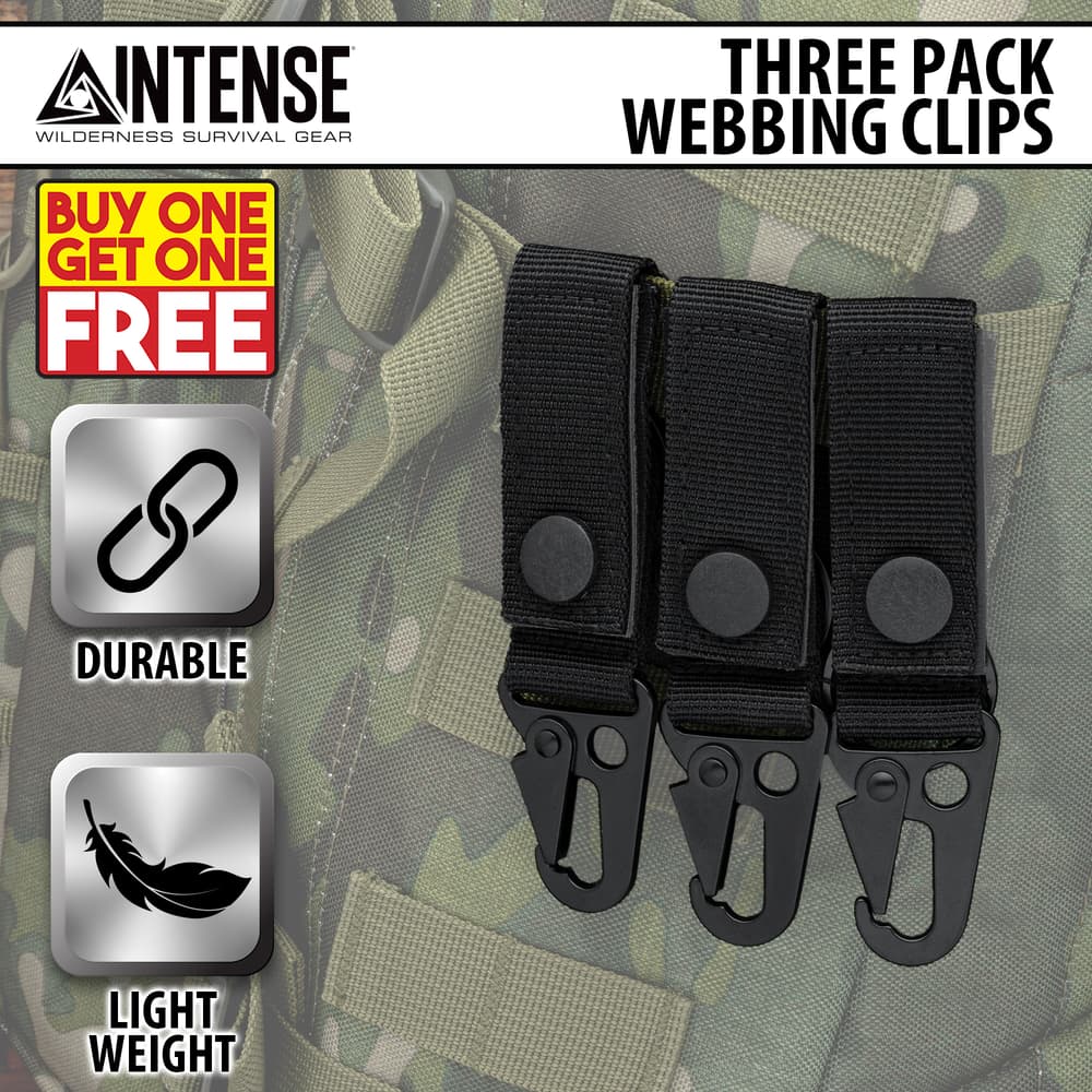 Full image of the BOGO Intense 3 Pack Webbing Clips. image number 0