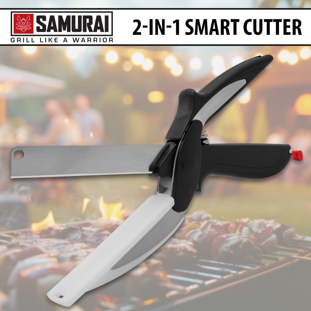 This image shows the Samurai 2-in-1 Smart Cutter in front of a grill. image number 0