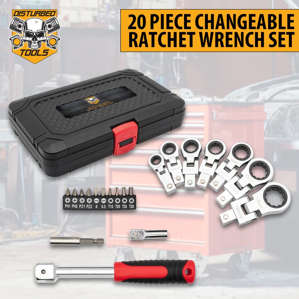 Full image of the Disturbed Tools 20 Piece Changeable Ratchet Wrench Set. image number 0