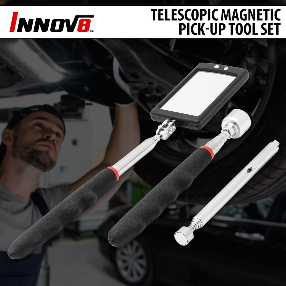 Innov8 Telescopic Magnetic Pick-Up Too Set with a mechanic in background working under raised car image number 0