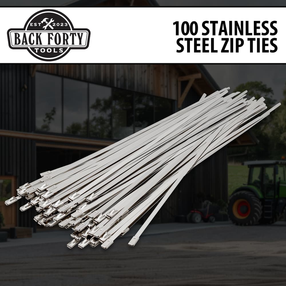 Back Forty 100 Stainless Steel Zip Ties are shown. image number 0