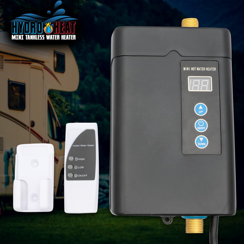 The portable mini tankless water heater and remote. image number 0