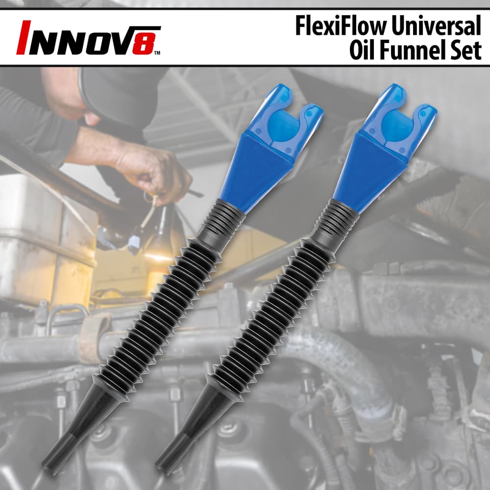 Innov8 Flexiflow Universal Oil Funnel Set is shown with a background  of a mechanic working. image number 0