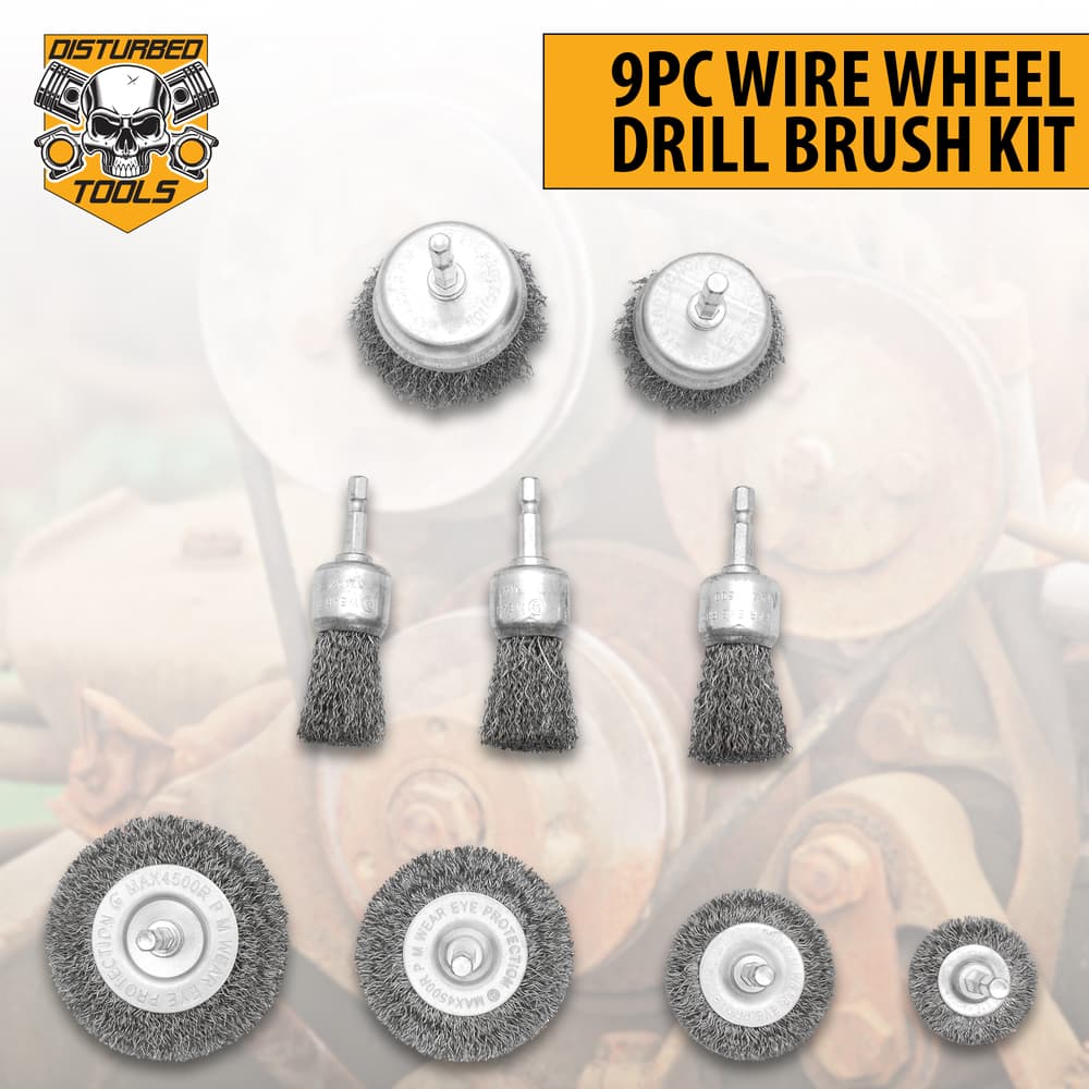 Disturbed Tools 9pc Wire Wheel Drill Brush Set on display. image number 0