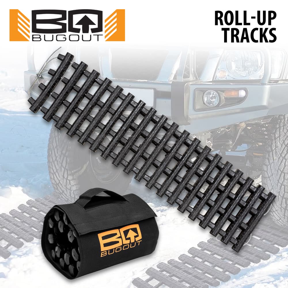 The BugOut Roll-Up Traction Tracks are shown both unrolled and rolled into its carrying bag that features the BugOut logo. image number 0