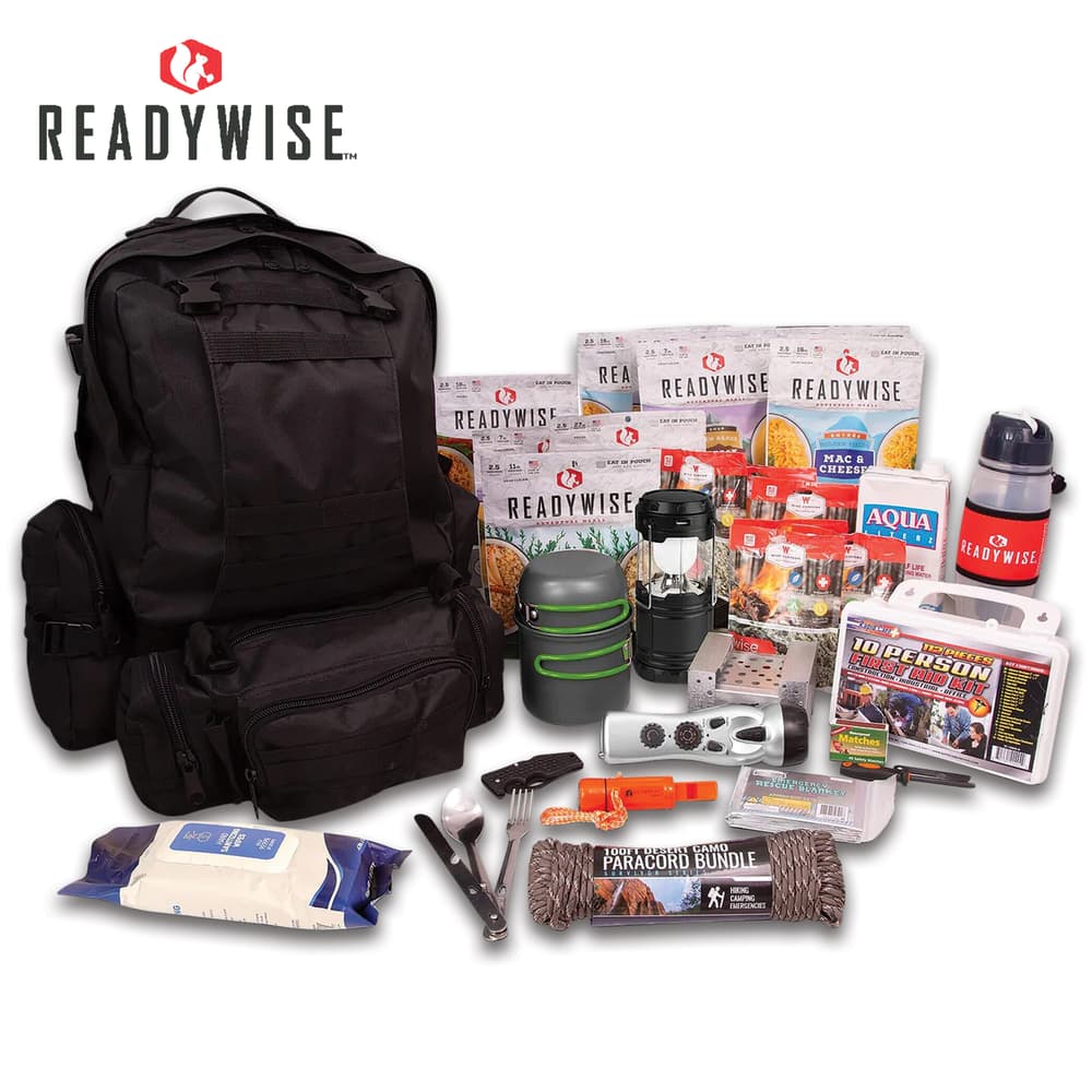 The Ultimate Three-Day Emergency Survival Backpack shown with the supplies that are in it image number 0