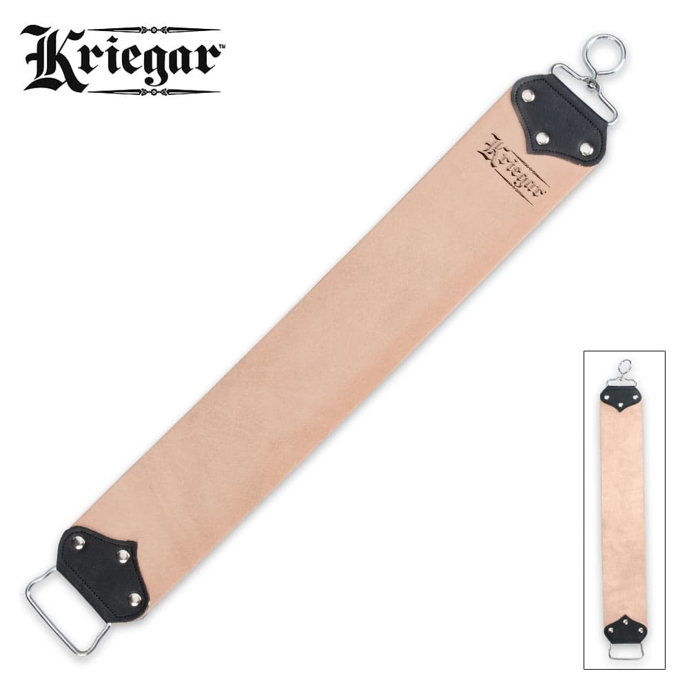Kriegar Extra Wide Double Sided Hanging Strop - Smooth Buffalo Leather, Coarse Suede - Swivel Hook - Yields Sharpest Blade Edges Possible - Great for Pocket Knives, Straight Razors & More - 3" x 21" image number 0