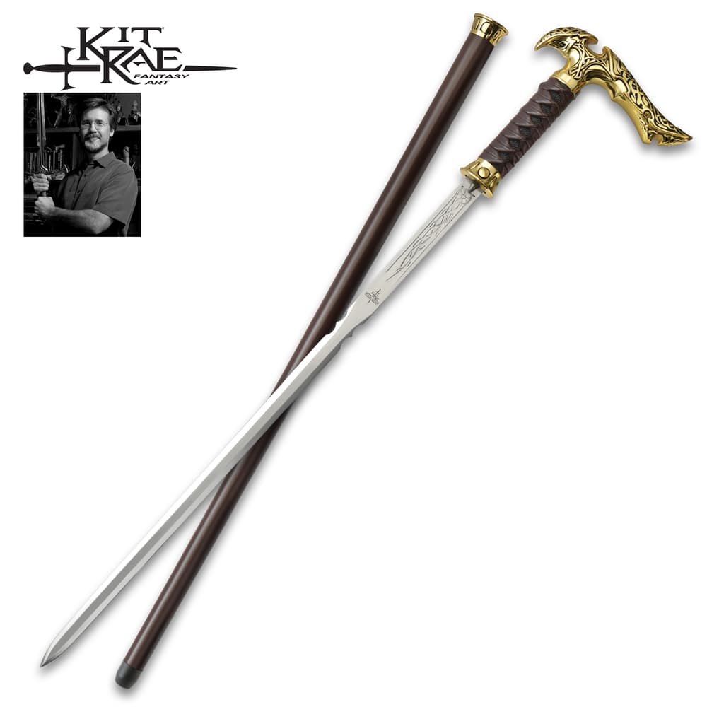 Full image of the Kit Rae Axios Gold Forged Sword Cane and scabbard. image number 0