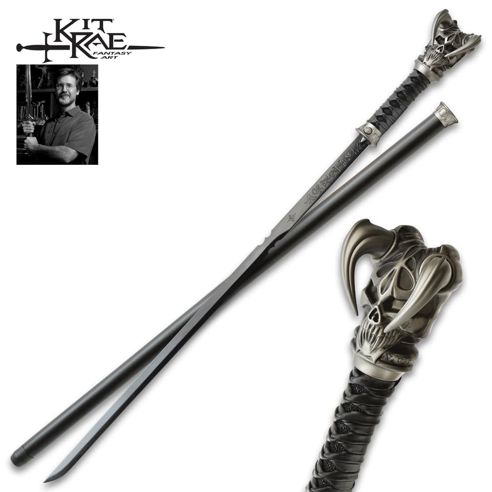 Full image of the Kit Rae® Black Vorthelok Forged Sword Cane and wooden shaft. image number 0