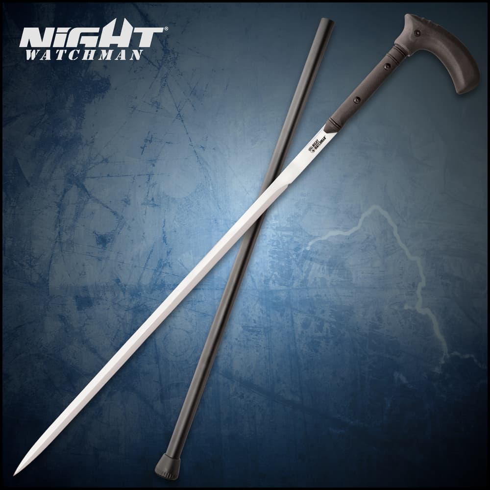 Night watchman heavy duty self-defense sword cane with 1060 high carbon steel blade laying on top of aluminum shaft with a fiber filled nylon handle image number 0