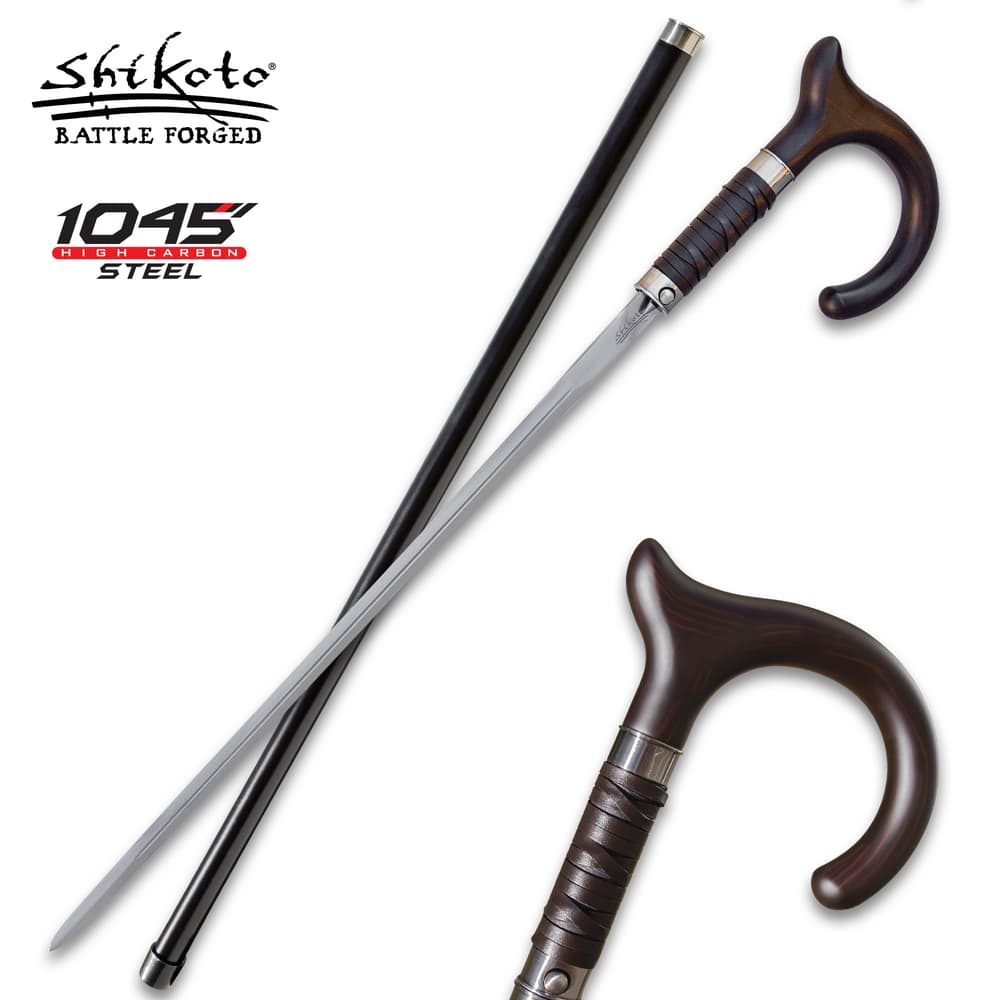 Full image of the Shikoto Gentleman's Hook Sword Cane and wooden shaft. image number 0