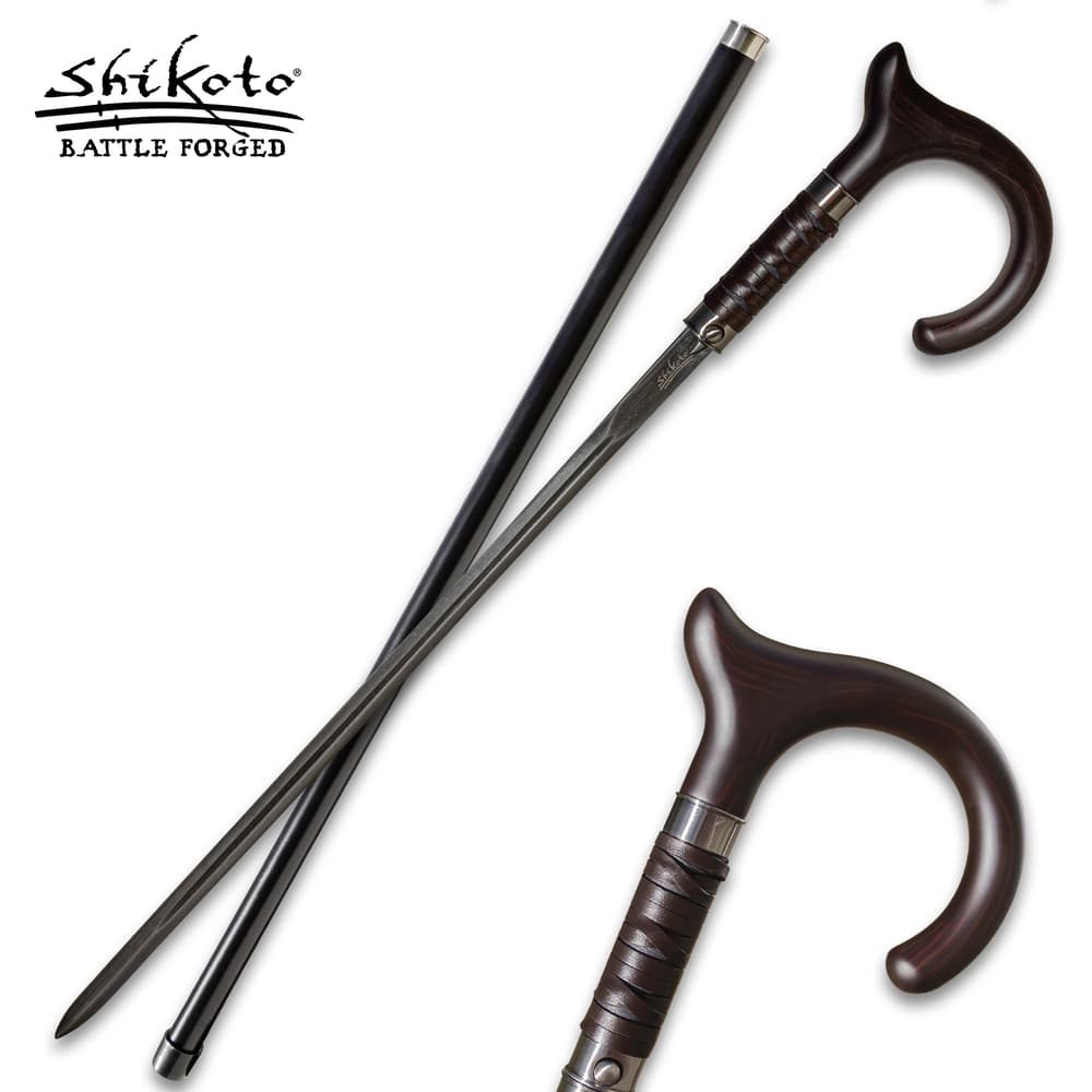 Full image of the Shikoto Damascus Gentleman's Hook Sword Cane. image number 0