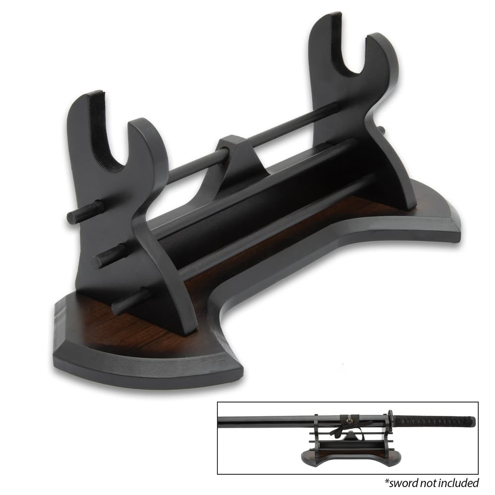 Angled image of the Prestige Wooden Single Sword Stand. image number 0