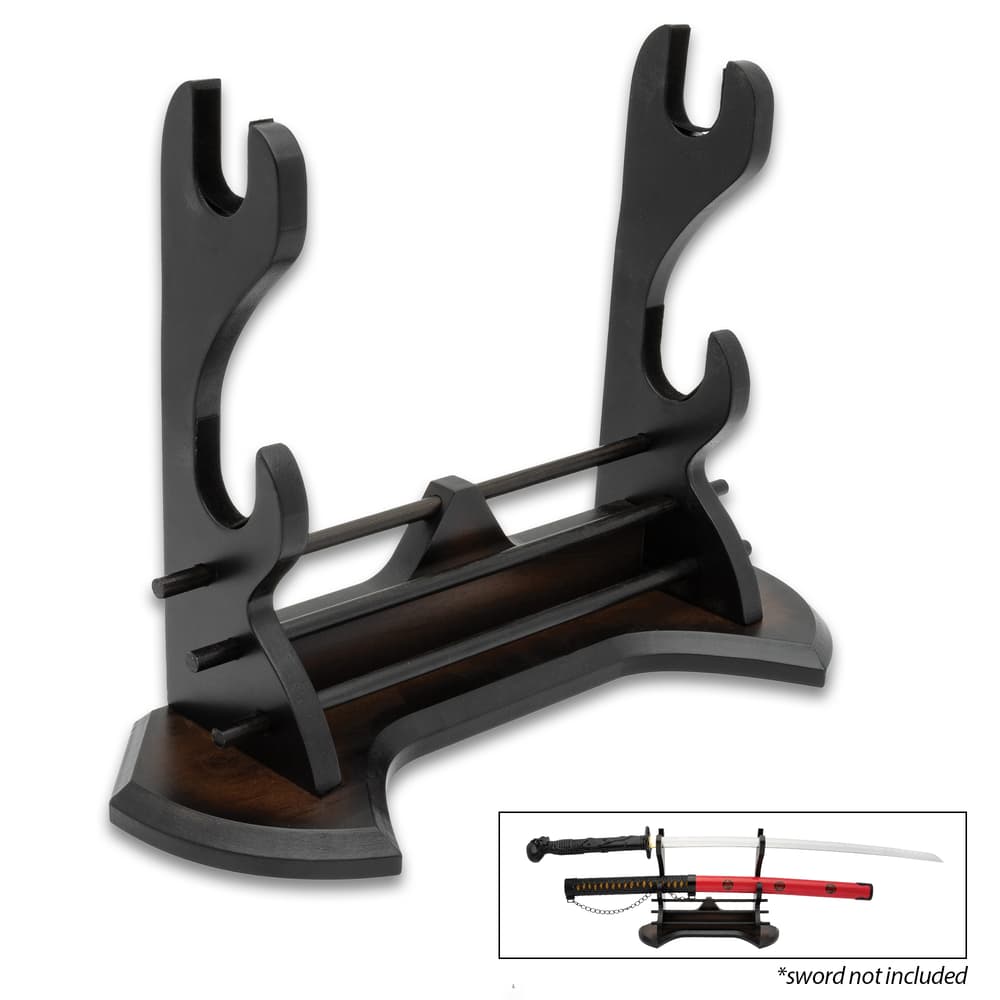 Angled image of the Prestige Wooden Double Sword Stand. image number 0