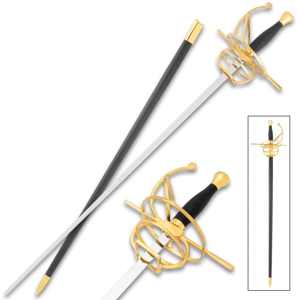 The Goldflare Dueling Rapier with Scabbard and closeup of hand guard basket. image number 0