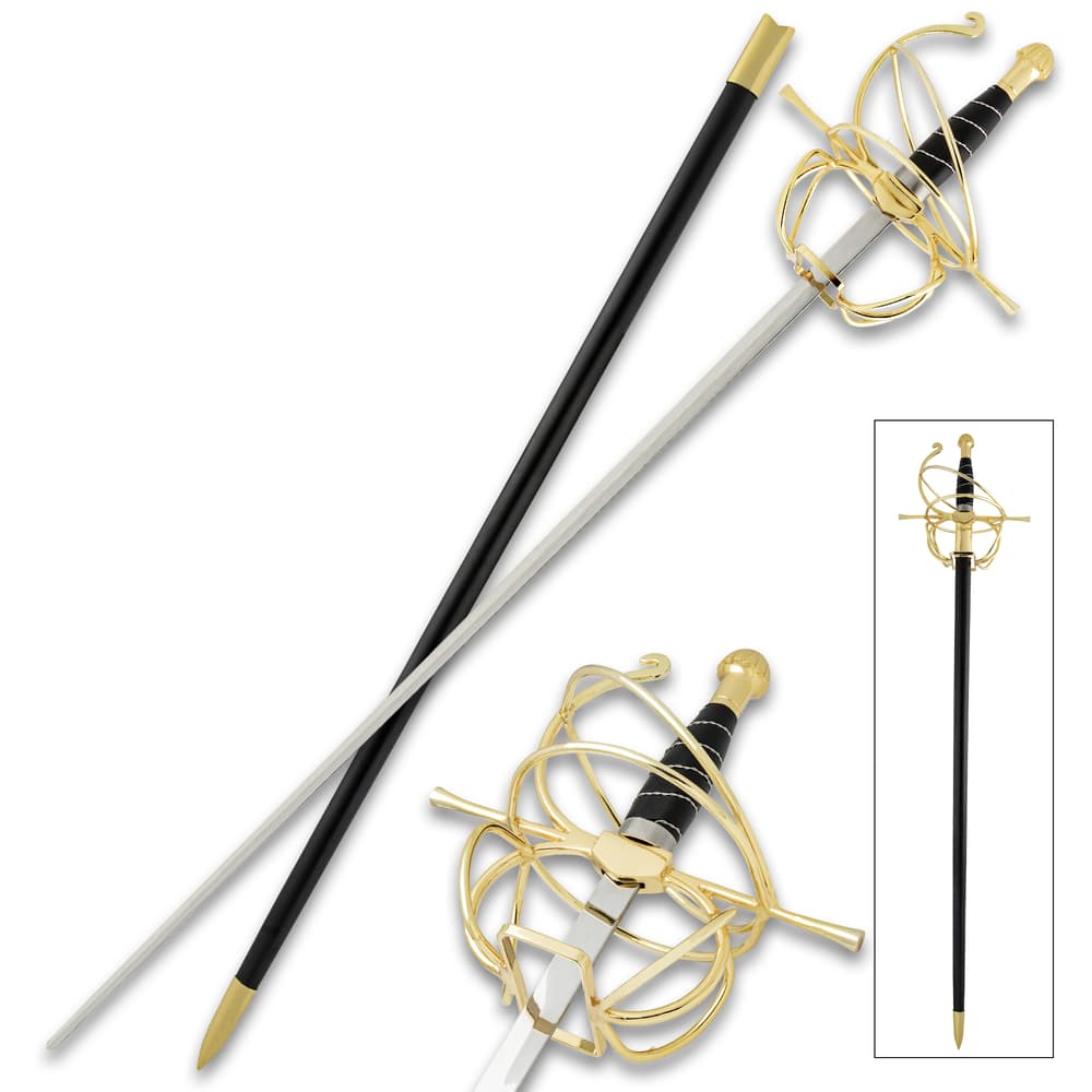 Golden Thorn Rapier with Scabbard and closeup of hand guard. image number 0