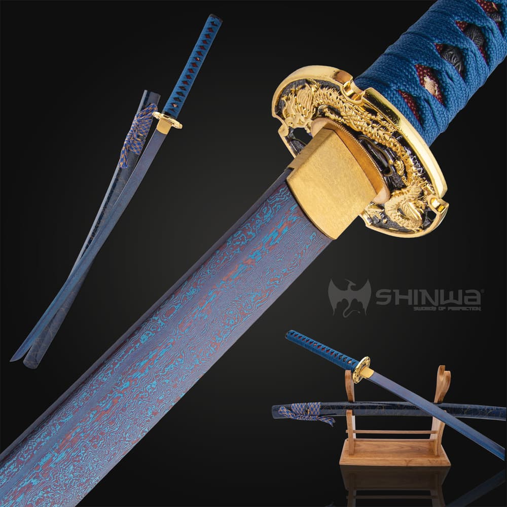 Handmade sword showcased in different angles display the blue damascus steel with genuine red rayskin handle with wood stand image number 0