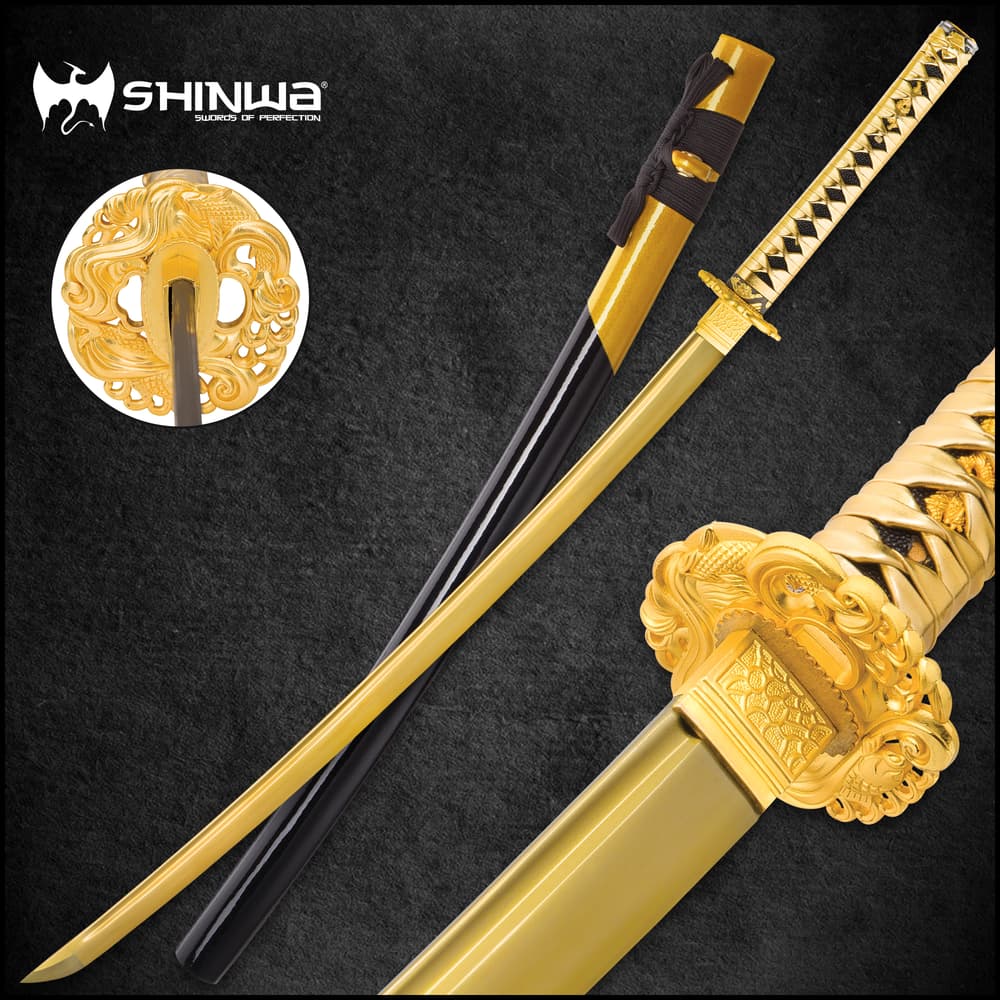 Shinwa Golden Knight Katana Sword with Wooden Scabbard - 1045 High Carbon Steel - Genuine Ray Skin image number 0