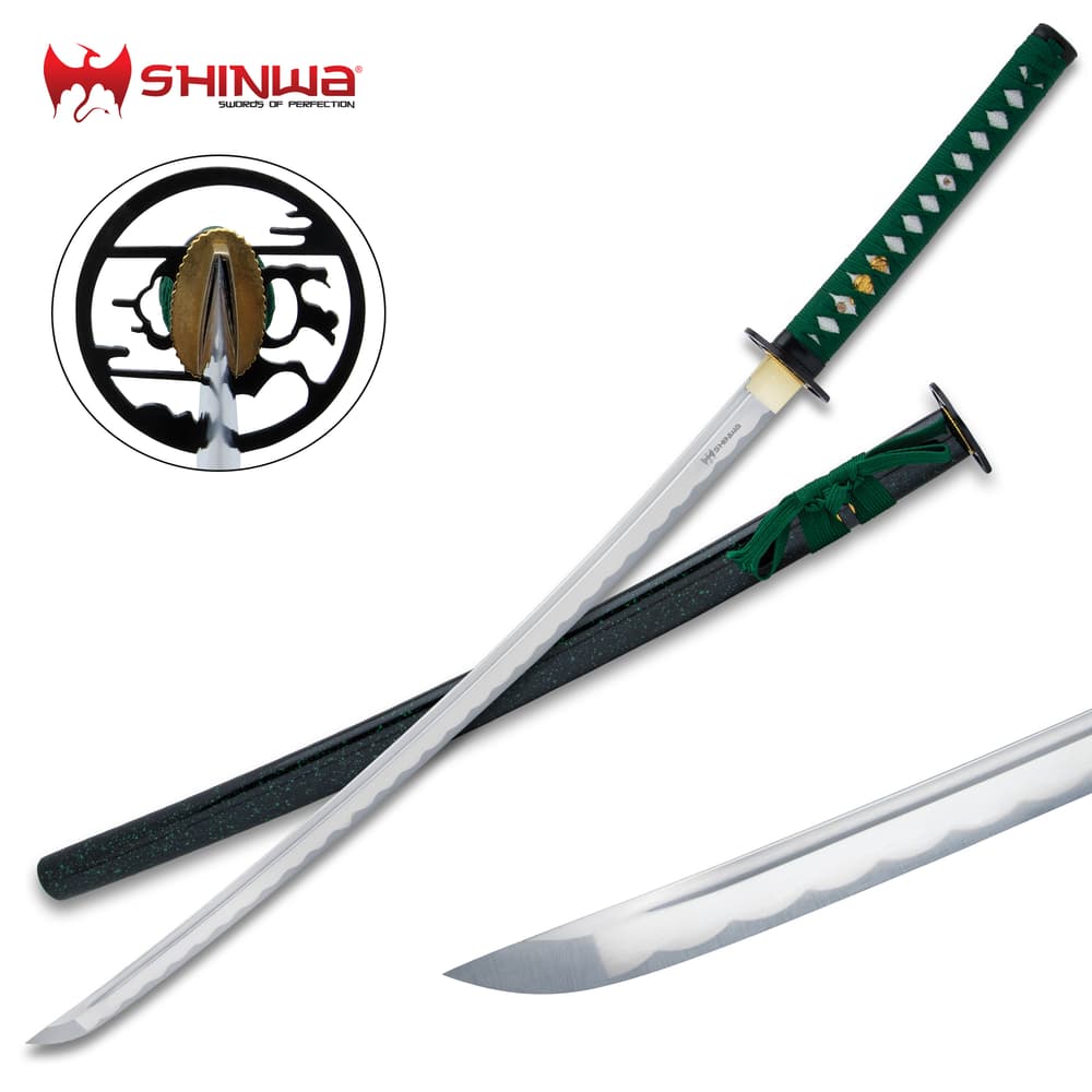 A view of the Shinwa Jade Defender Katana in and out of scabbard image number 0