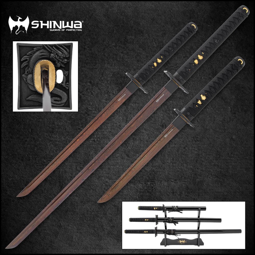 A three piece katana sword set displayed on wooden stand and shows a zoomed view of black dragon handguard with brass habaki image number 0