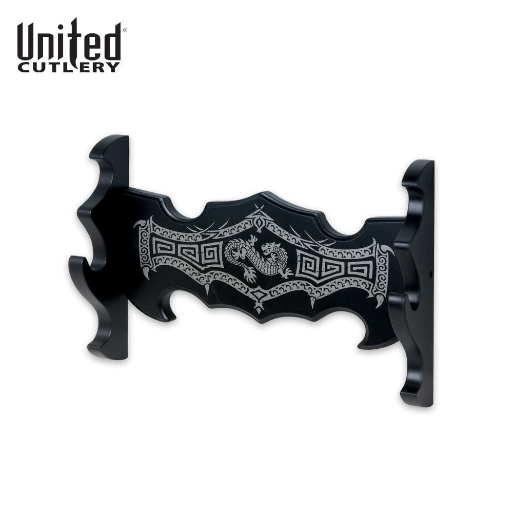 United Cutlery oriental wall sword display with notch for hanging one sword, adorned with gray oriental dragon design on black wood. image number 0