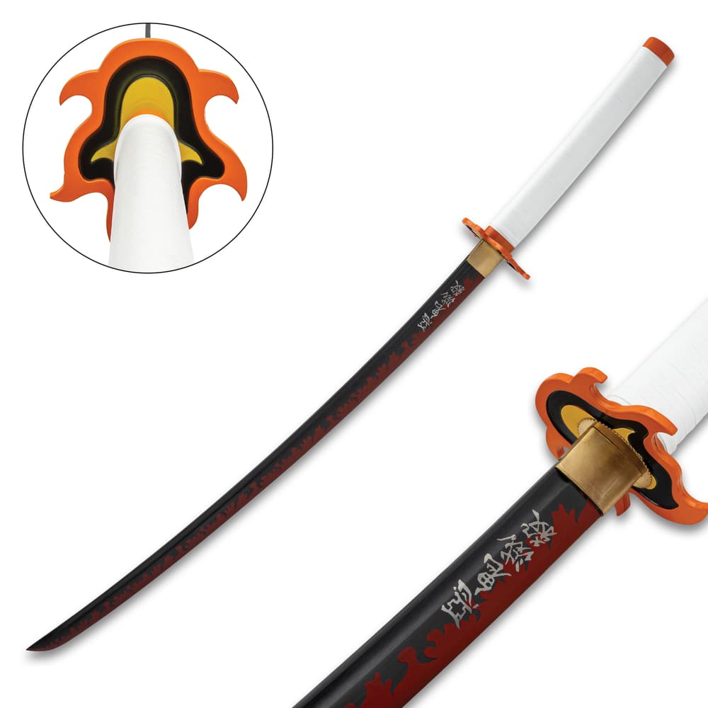 Full shot of Demon Slayer Kyojuro Rengoku Sword with tsuba and detailed close ups. image number 0