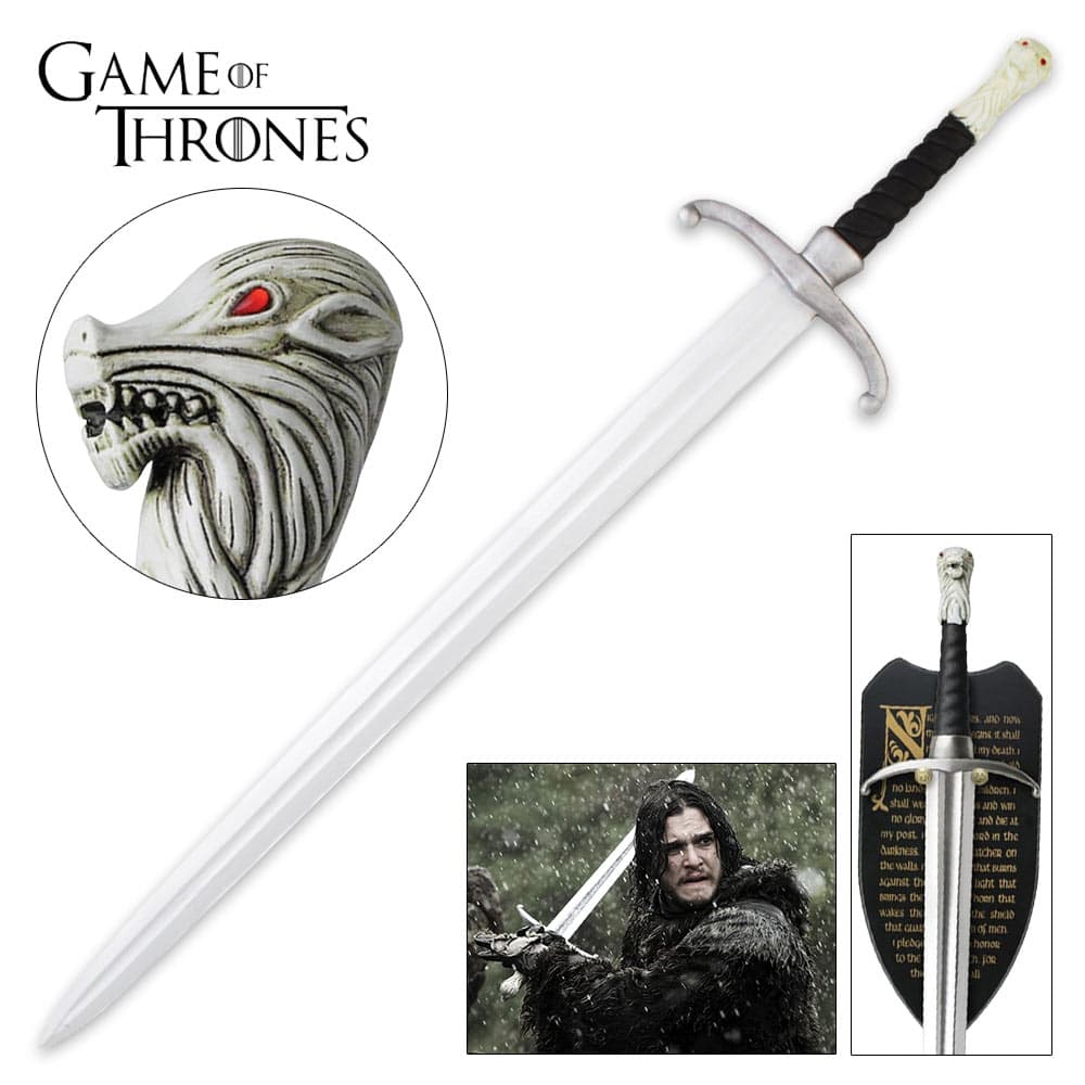 Game of Thrones Longclaw Sword shown held by character Jon Snow, on a wall display, and with detailed view of pommel. image number 0