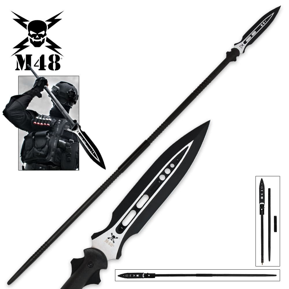 M48 Magnum Spear shown held by a person in full tactical gear and with detailed views of the black blade and handle. image number 0