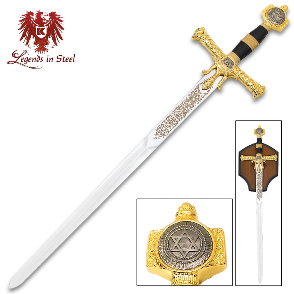 Legends in Steel King Solomon sword shown from various views, highlighting the gold plated Star of David pommel and showing the sword on the wooden wall display. image number 0