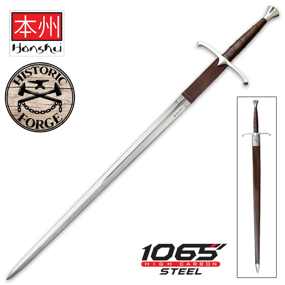 Honshu historic claymore sword featuring a 1065 high carbon steel blade with genuine brown leather wrapped handle image number 0