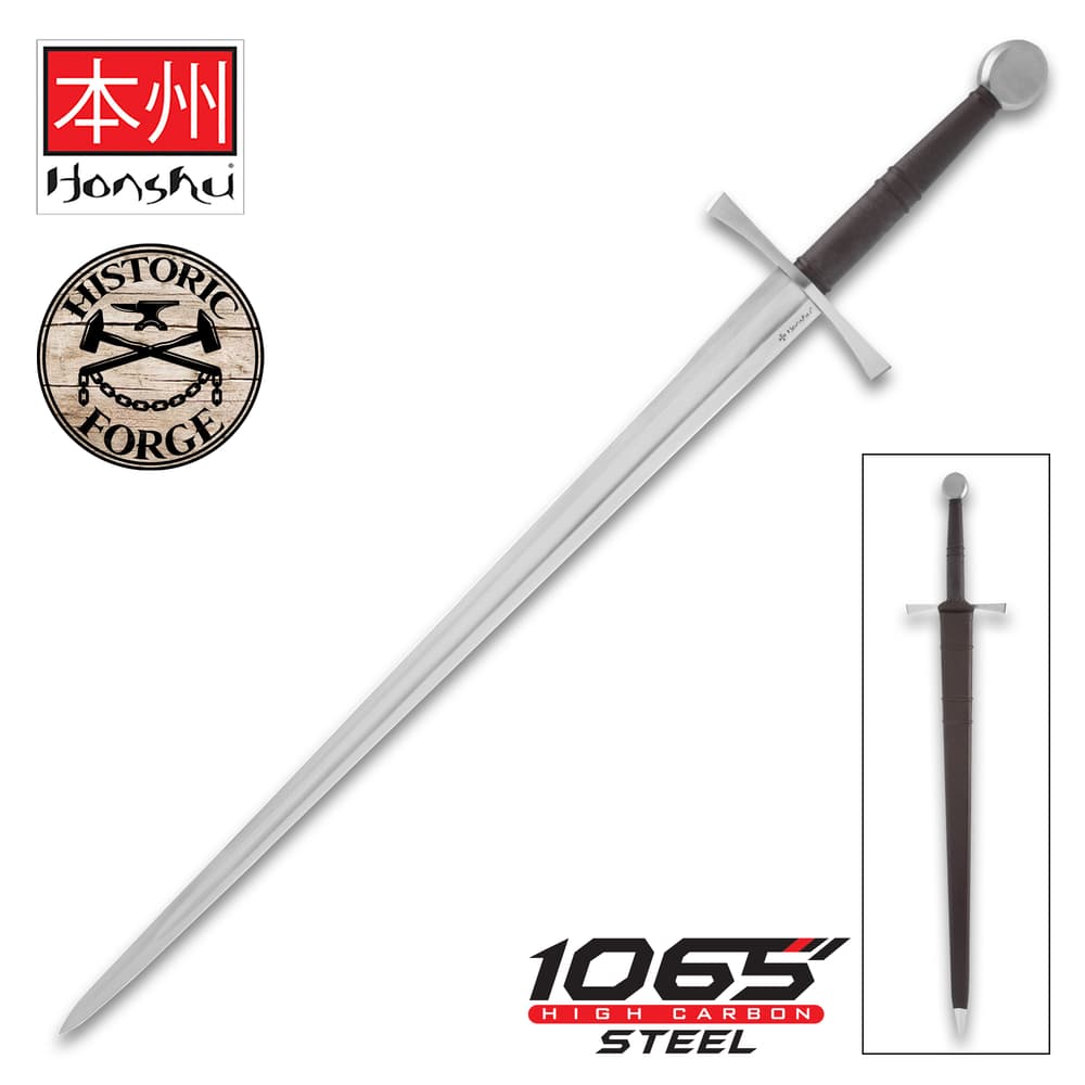 The Honshu Historic Forge 15th Century Bastard Sword shown both in and out of its sheath, with the Honshu and Historic Forge logos along with the '1065 steel' text. image number 0