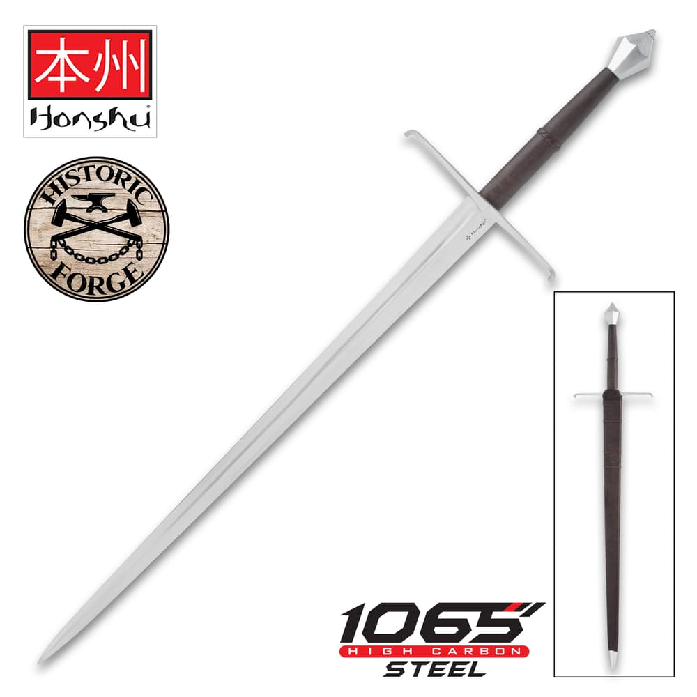 The Honshu Historic Forge 15th Century Italian Long Sword is shown in full next to the Honshu and Historic Forge logos and 1065 Carbon Steel text. image number 0