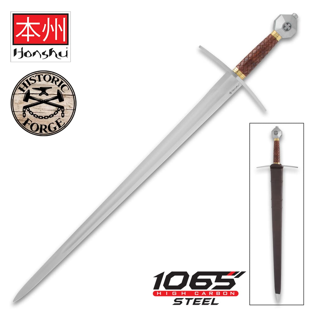Full view of the Honshu Historic Forge Templar Sword, both in and out of sheath, next to the “Honshu” and “Historic Forge” logos with “1065 Carbon Steel” text. image number 0